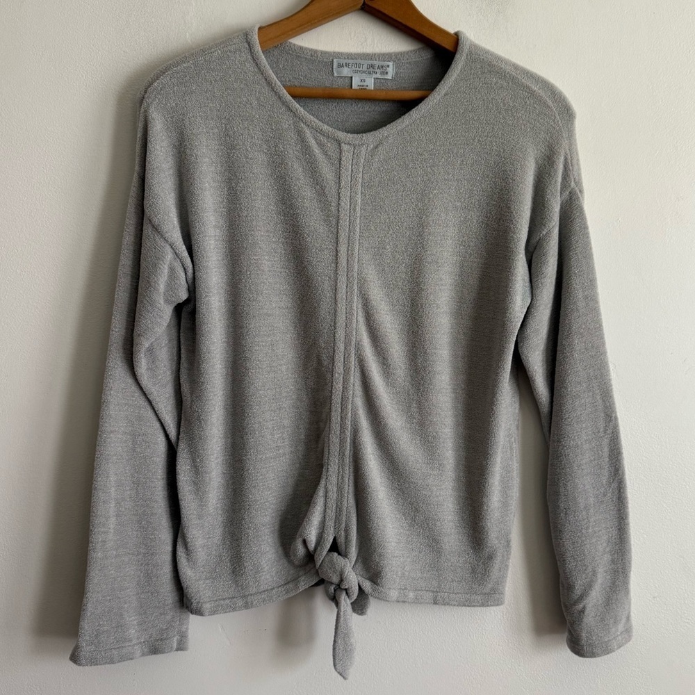 Barefoot Dreams CozyChic Ultra Lite Tie-Front Knit Top Gray Comfy Lounge
